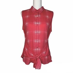 Worthington Women's Pink Plaid Sleeveless Tie Front Top Large